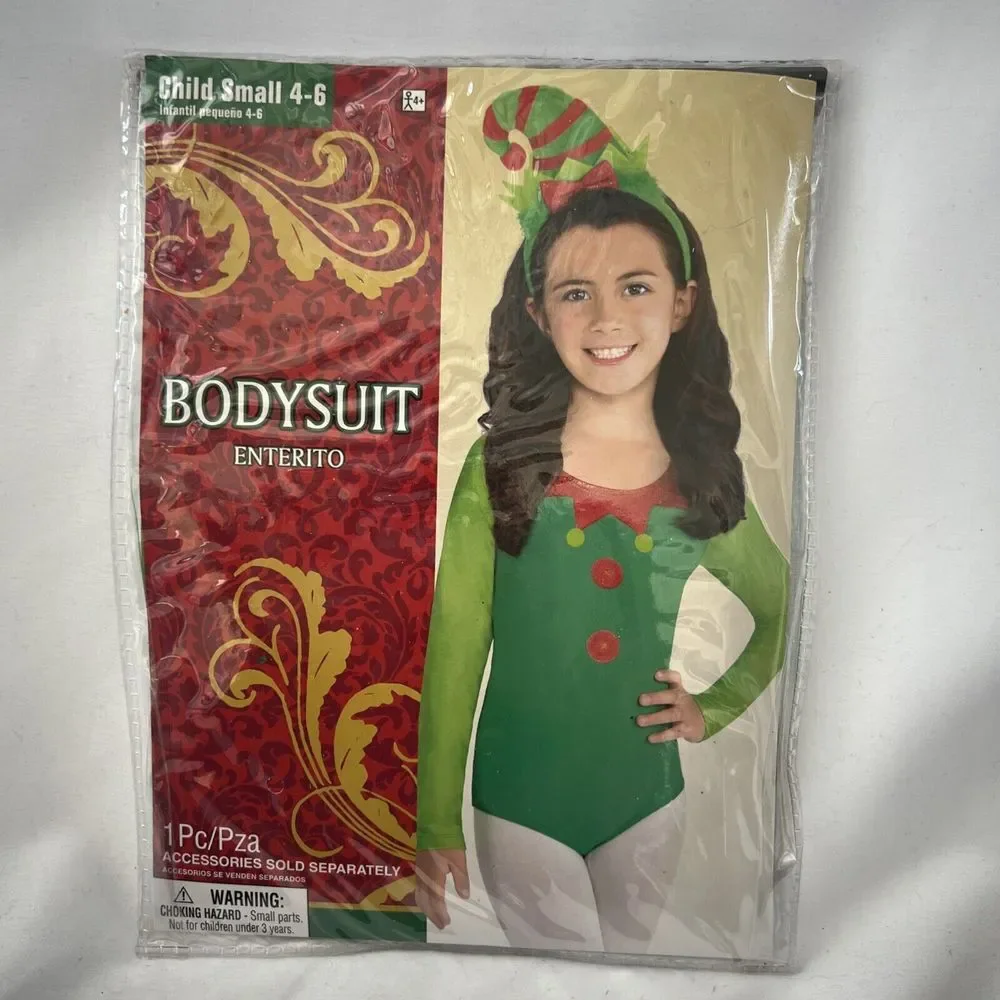 Child Holiday Christmas Bodysuit Costume Green Red Small 4-6‎ 1 Pc NEW